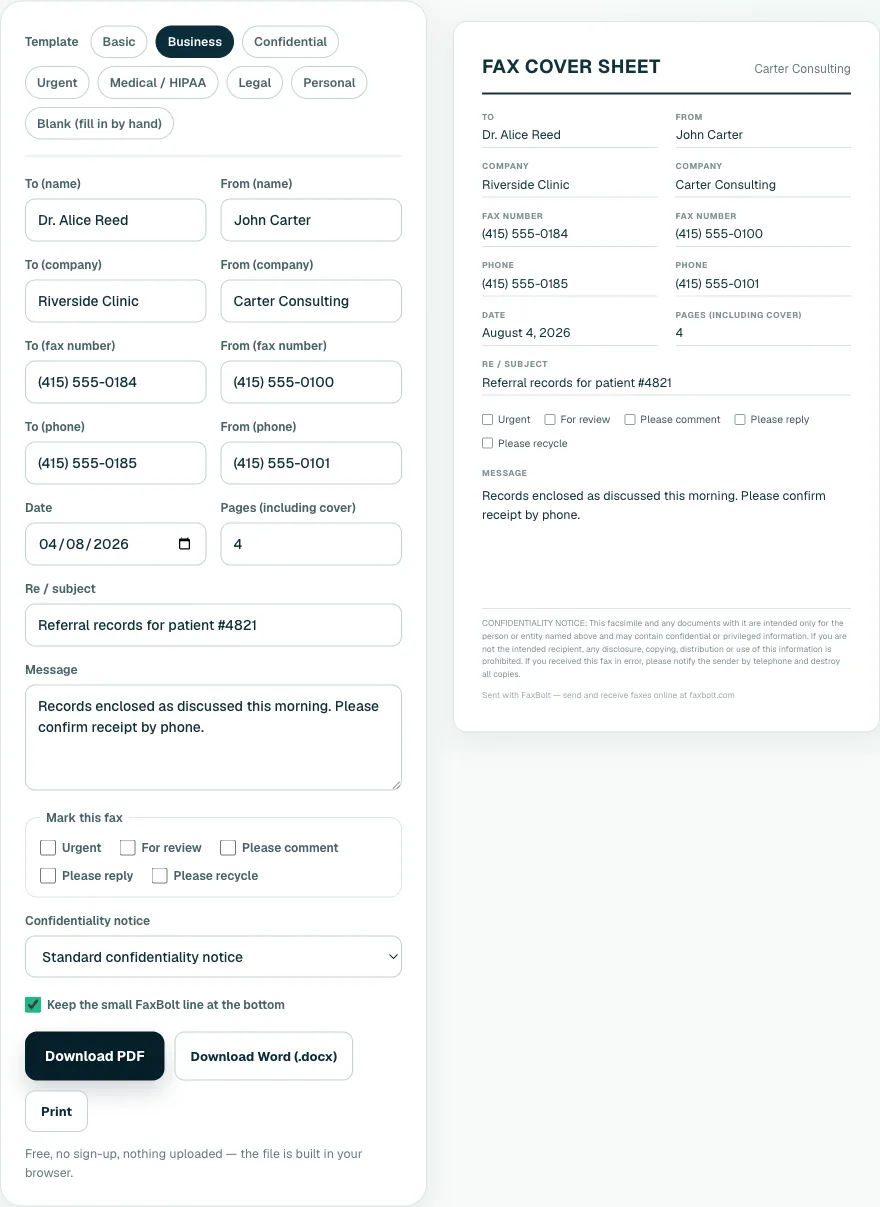 The FaxBolt cover sheet generator with the form on the left and a live preview of the cover sheet on the right