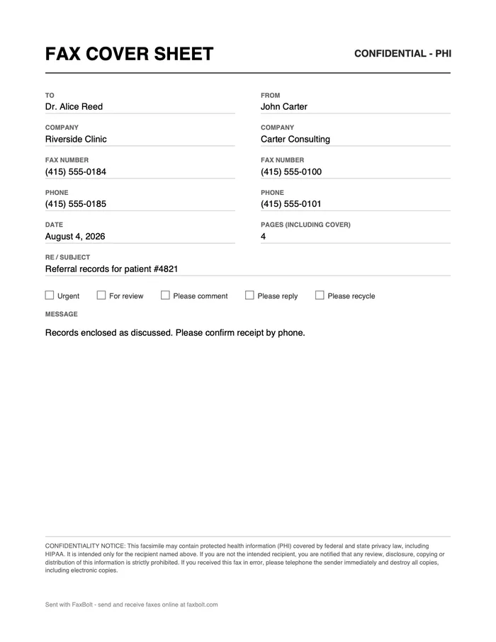 A HIPAA fax cover sheet PDF with a CONFIDENTIAL - PHI marking and a protected health information notice at the foot