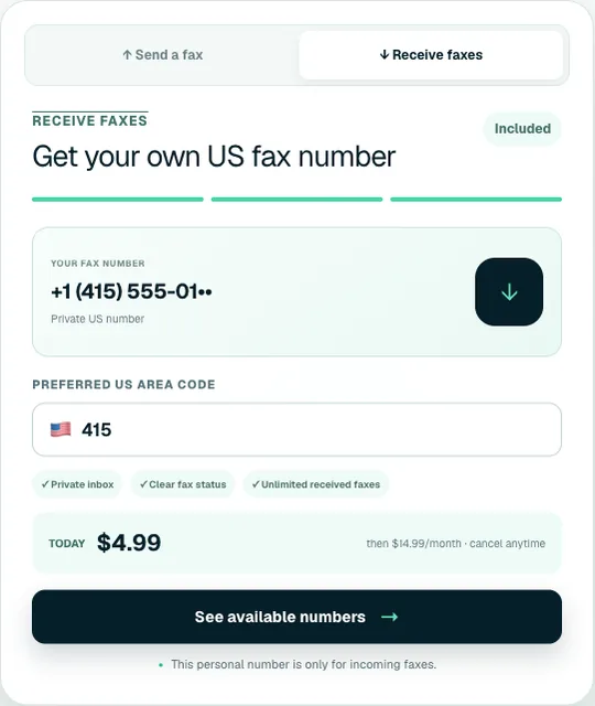The FaxBolt receive tab showing a personal US fax number and the preferred area code field