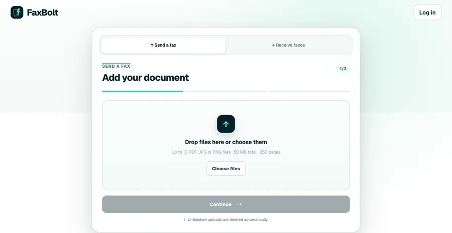 The FaxBolt send page in a desktop browser with the document upload area