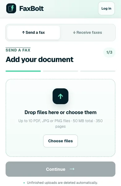 FaxBolt open in Safari on an iPhone, showing the upload step of the send form
