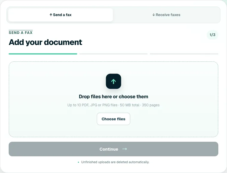Step one of the FaxBolt send form: drop files here or choose them, up to 10 PDF, JPG or PNG files